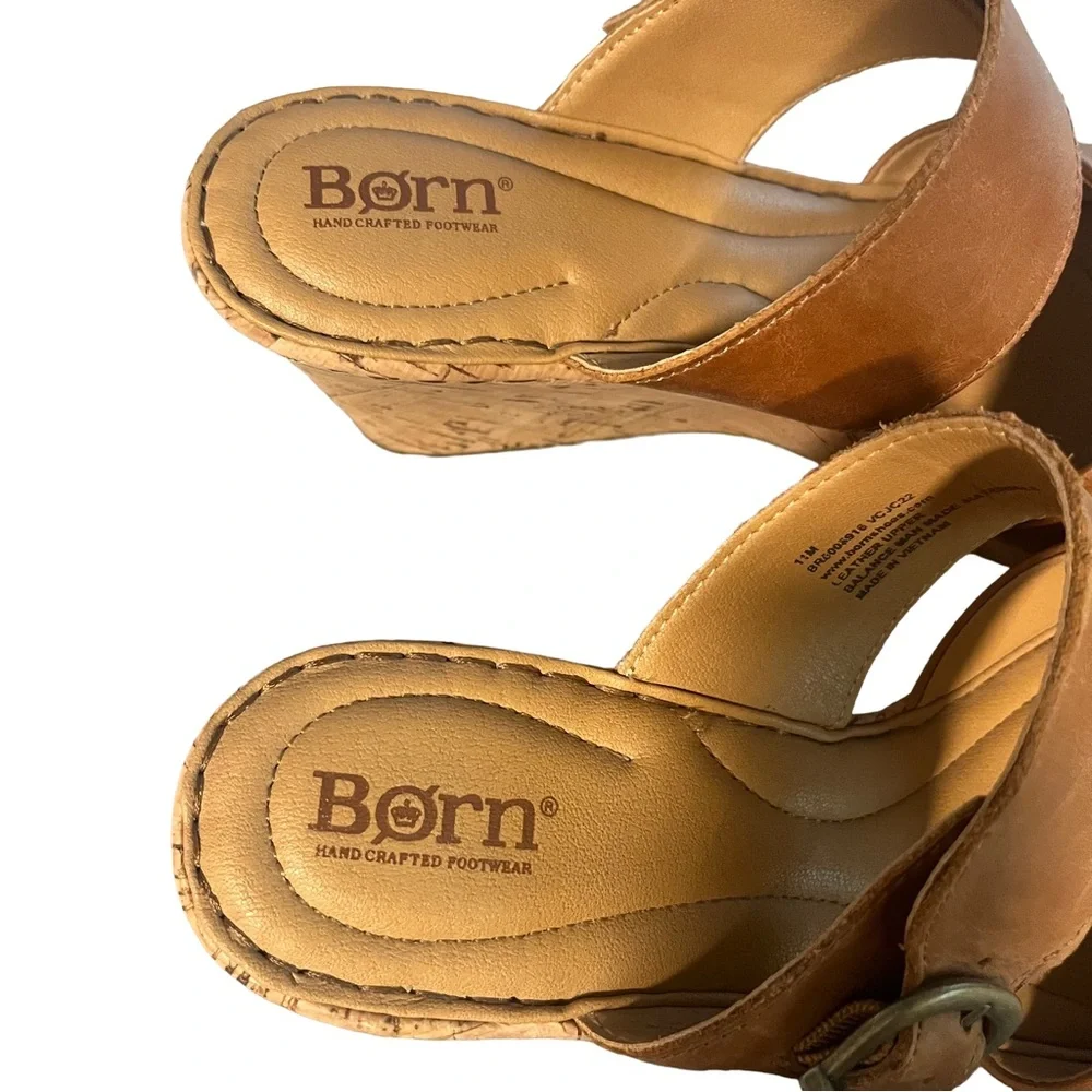 Born Cork High Wedge Sz 11 Tan Brown Leather Sandal Strap Slip On Buckle EUC